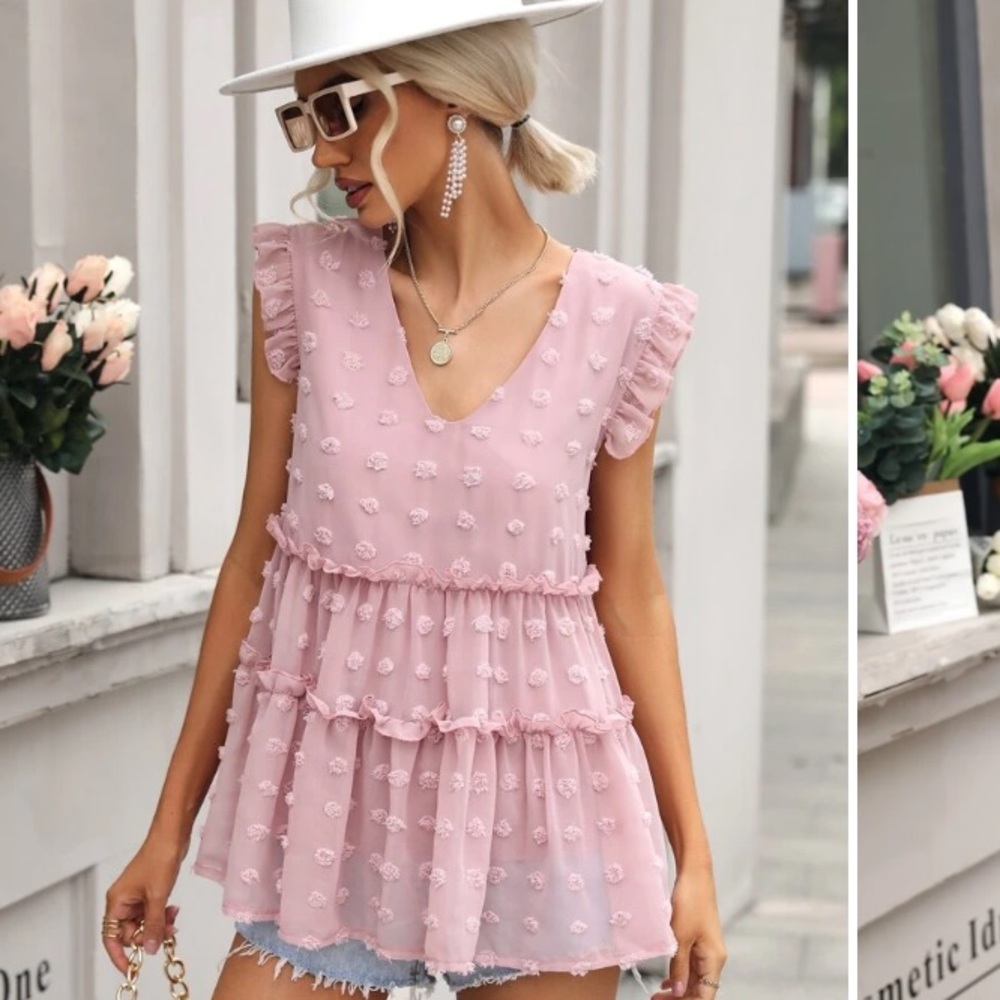 New Ruffle Detail Pink Chiffon Swiss Dot Blouse